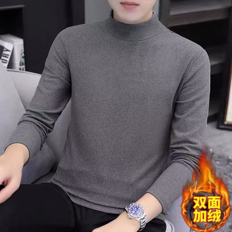 Factory wholesale German velvet semi-high collar long sleeve T-shirt mens autumn and winter fashion clothes thermal underwear base shirt men Coffee - Image 3