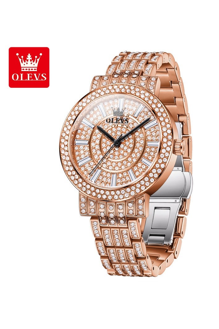 أوليفز ساعة نسائية فاخرة مرصعة بالكامل بالألماس مقاومة للماء بسوار من الفولاذ المقاوم للصدأ زجاج مطلي مقاوم للخدوش تصميم أنيق وعصري - Image 1