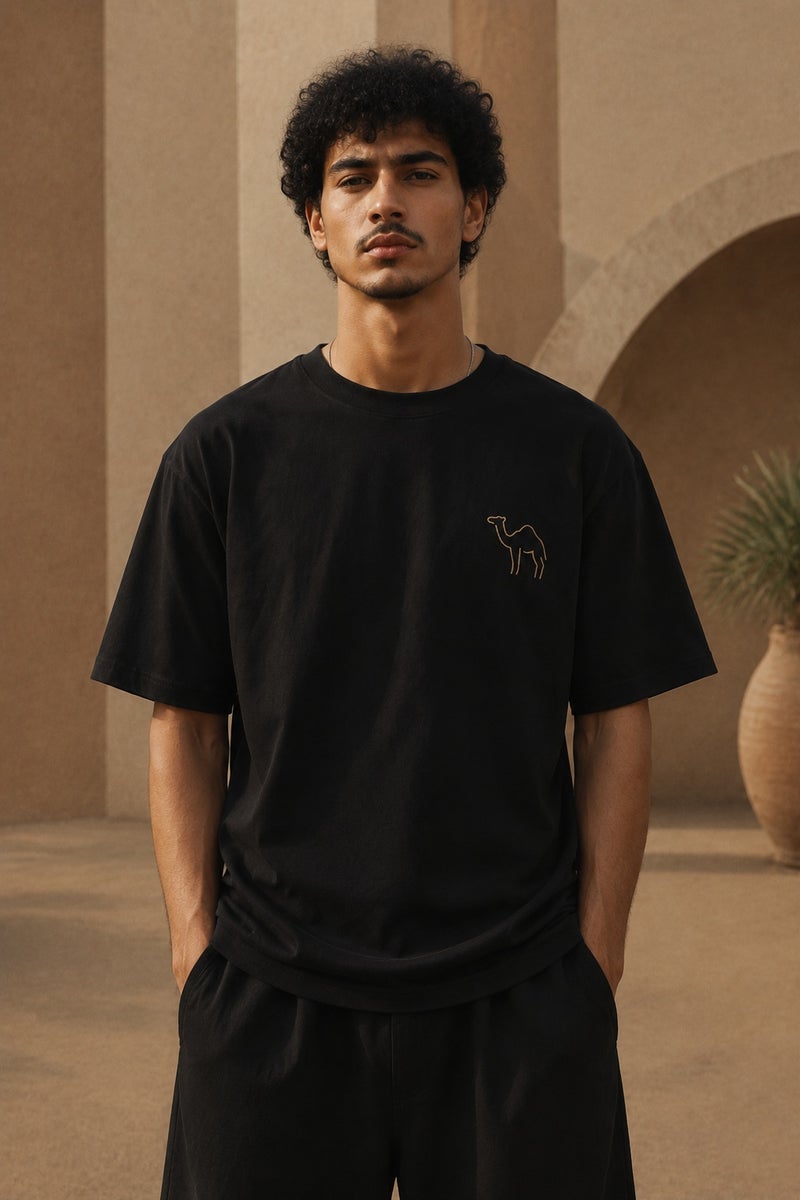 Men's Black Oversized T-Shirt Minimal Camel Embroidery Casual Short Sleeve Crew Neck Streetwear Tee - Image 2