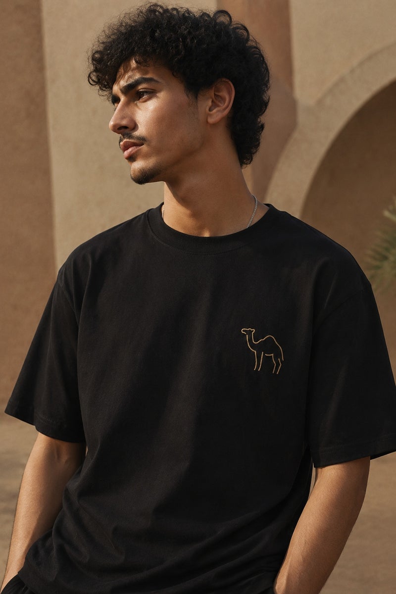 Men's Black Oversized T-Shirt Minimal Camel Embroidery Casual Short Sleeve Crew Neck Streetwear Tee - Image 1