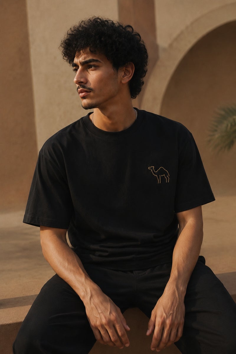 Men's Black Oversized T-Shirt Minimal Camel Embroidery Casual Short Sleeve Crew Neck Streetwear Tee - Image 4