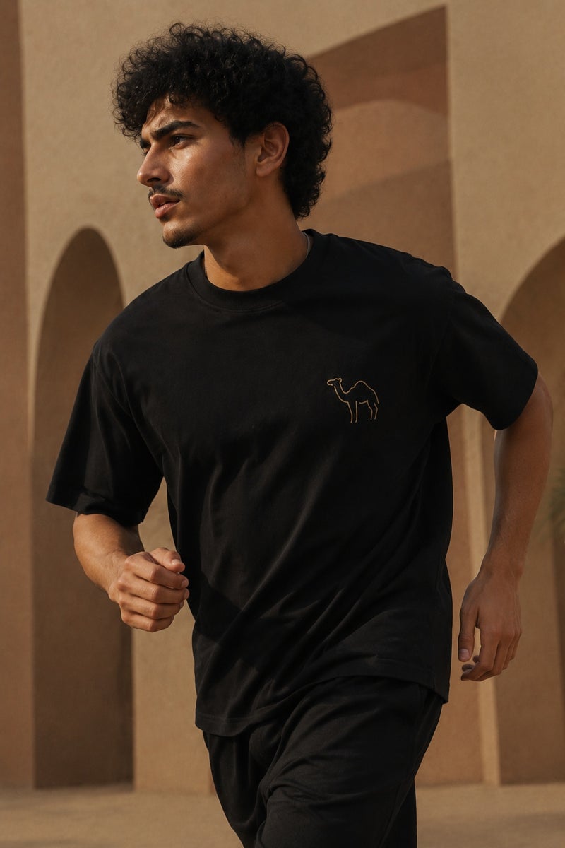 Men's Black Oversized T-Shirt Minimal Camel Embroidery Casual Short Sleeve Crew Neck Streetwear Tee - Image 3