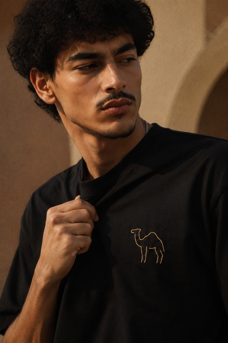 Men's Black Oversized T-Shirt Minimal Camel Embroidery Casual Short Sleeve Crew Neck Streetwear Tee - Image 5