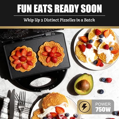 FineMade Pizzelle Maker with Non-Stick Coating, Electric Pizzelle Cookie Baker Press with Snowflake Pattern, Make Two 4 Inch Traditional Italian Waffle Cookies at Once, Recipe Included - Image 2