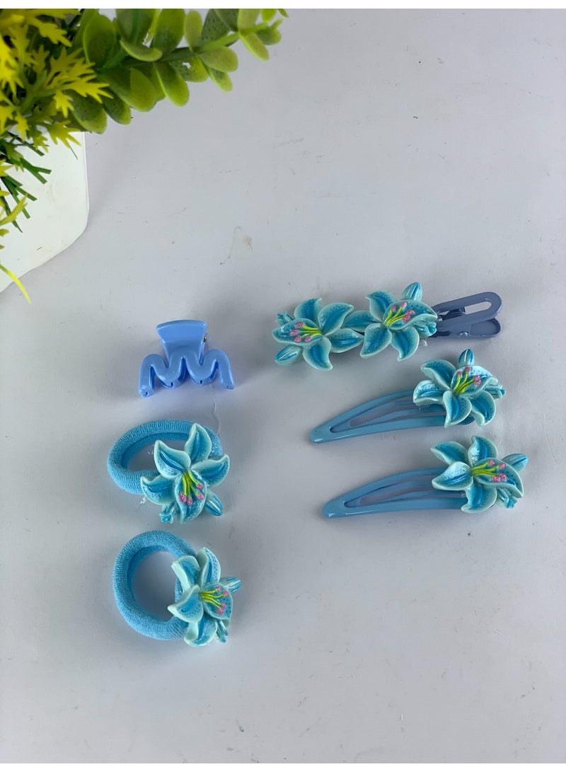 Girls Floral Hair Accessories Set (Clips & Elastics) – 6 Pieces, Elegant Flower Design - Image 1