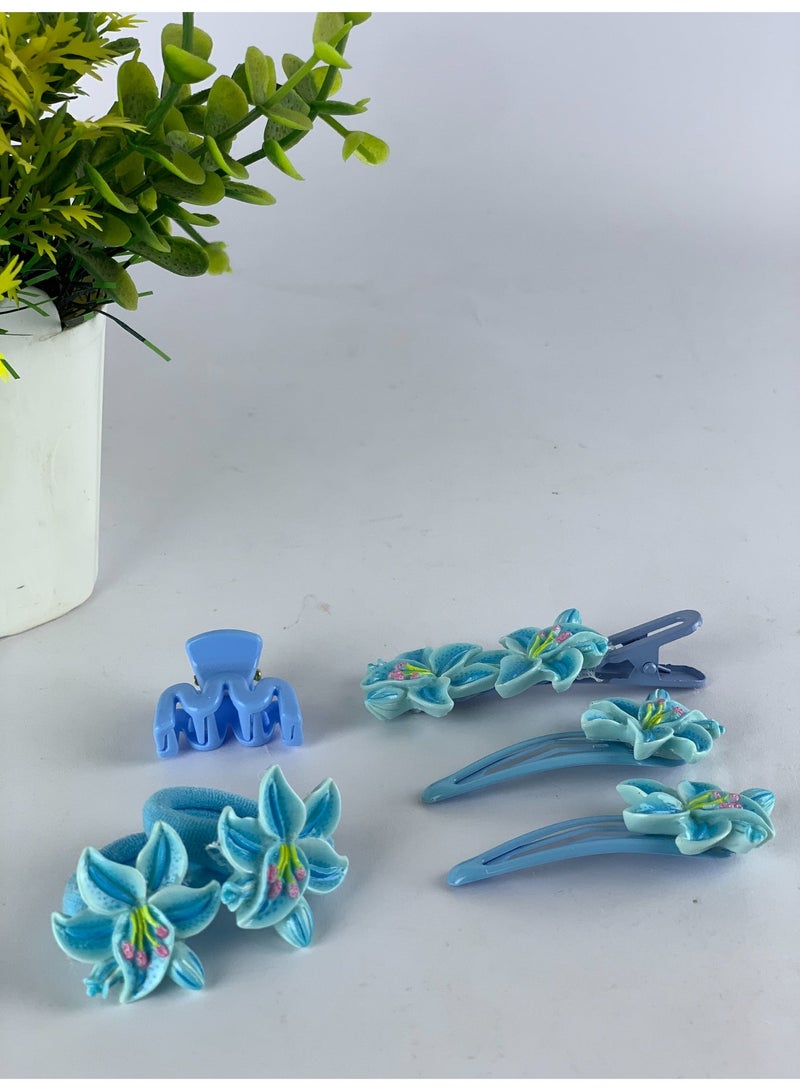 Girls Floral Hair Accessories Set (Clips & Elastics) – 6 Pieces, Elegant Flower Design - Image 4