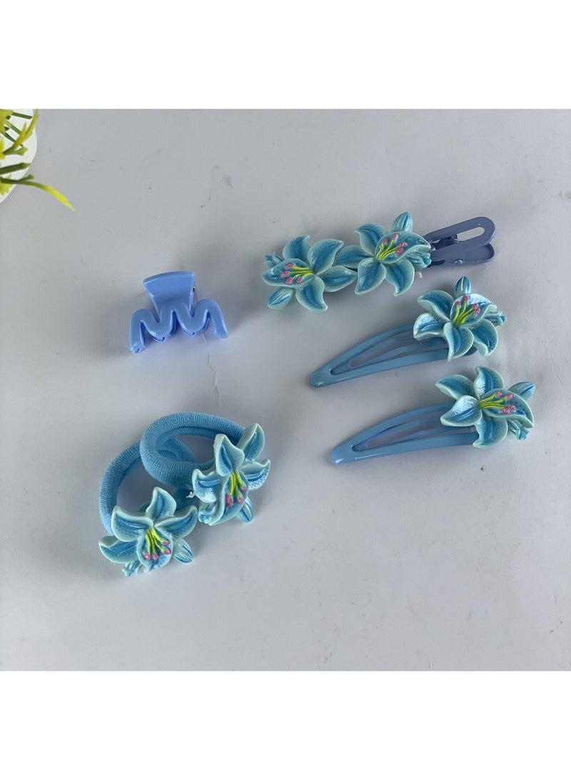 Girls Floral Hair Accessories Set (Clips & Elastics) – 6 Pieces, Elegant Flower Design - Image 3