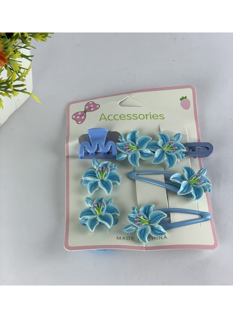Girls Floral Hair Accessories Set (Clips & Elastics) – 6 Pieces, Elegant Flower Design - Image 2
