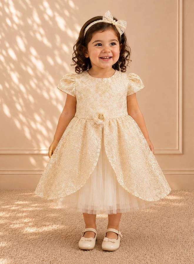 فيا بامبينو Gold Lace Tulip-Overlay Tulle Dress 3232
