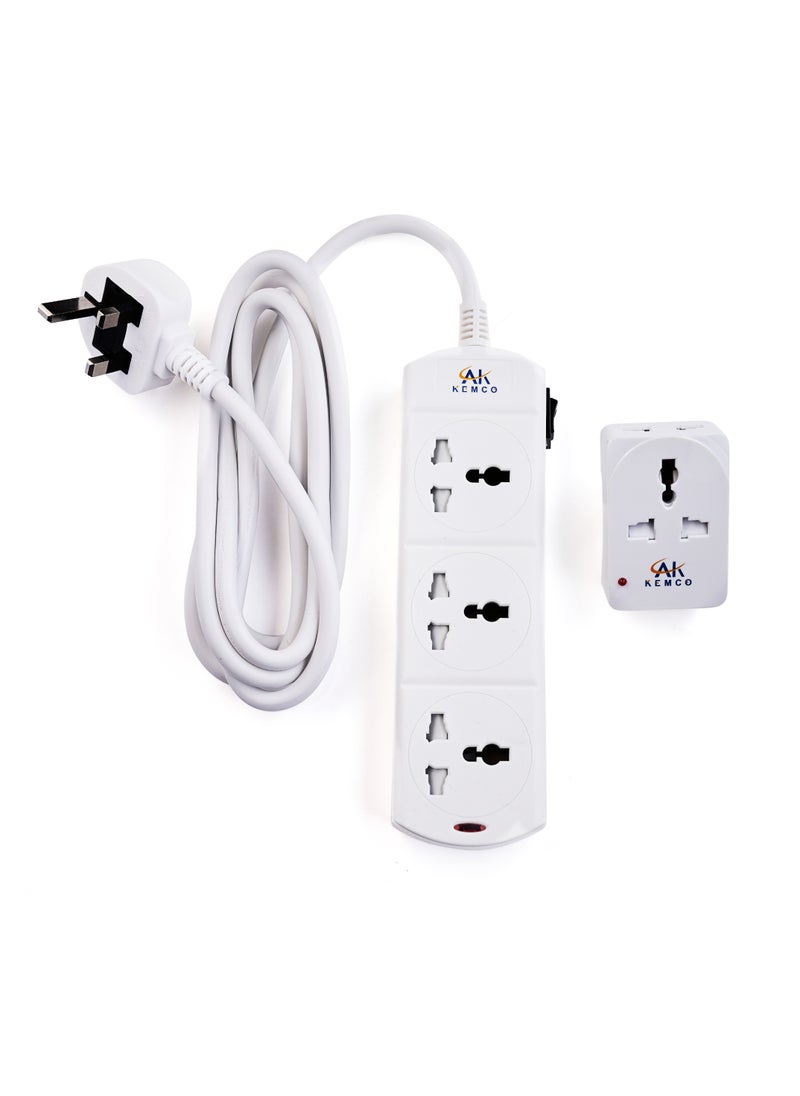 AK KEMCO 3 Way 2 Meter Extension Power Cord with Multi Adaptor Plug  - Image 1