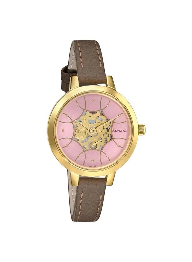 Sonata Round Shape Leather Band Chronograph Wrist Watch 8141YL02 - 32 mm - Brown
