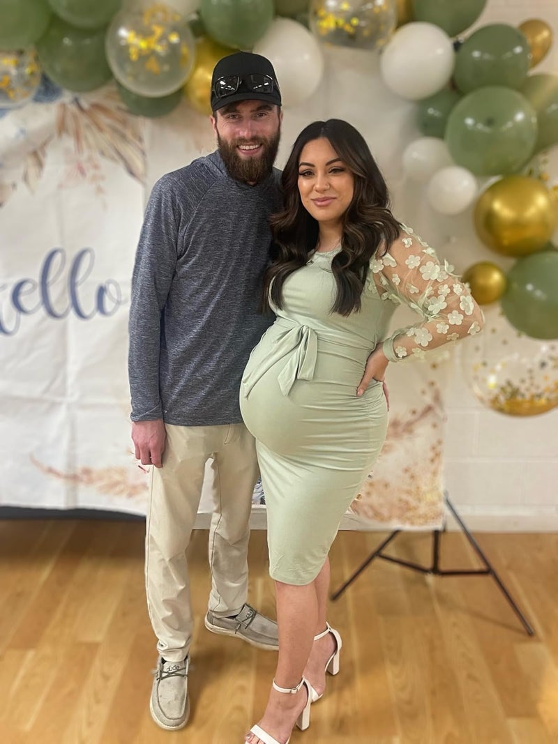 LAHILO Floral Mesh Bishop Long Sleeve Maternity Midi Dress, Fall Maternity Bodycon Dress for Baby Shower Light Green - Image 2