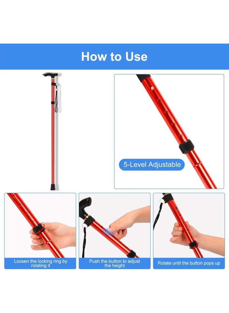 Arabest Folding Cane, 5-Level Adjustable Height Walking Stick, Lightweight Portable Cane Travel Cane with Wrist Strap and T Handle for Elderly Disabled Men Women (Red)  - Image 3