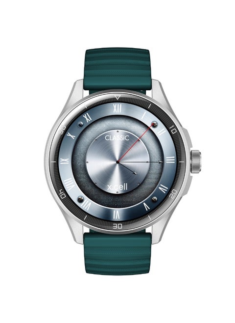Xcell Classic6 Smartwatch, 1.43" AMOLED Display, Bluetooth Calling, 2 Premium Straps, Heart-Rate/BP/SpO₂, Multi Language, IP68, 7-Day Battery, iOS/Android Compatible- Silver Frame with Green Strap
