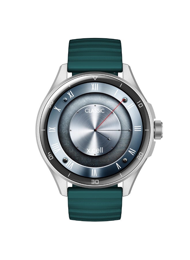 Xcell Xcell Classic6 Smartwatch, 1.43" AMOLED Display, Bluetooth Calling, 2 Premium Straps, Heart-Rate/BP/SpO₂, Multi Language, IP68, 7-Day Battery, iOS/Android Compatible- Silver Frame with Green Strap  - Image 1