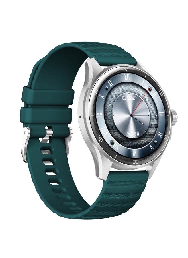 Xcell Xcell Classic6 Smartwatch, 1.43" AMOLED Display, Bluetooth Calling, 2 Premium Straps, Heart-Rate/BP/SpO₂, Multi Language, IP68, 7-Day Battery, iOS/Android Compatible- Silver Frame with Green Strap  - Image 3
