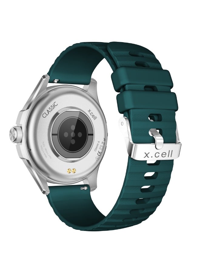 Xcell Xcell Classic6 Smartwatch, 1.43" AMOLED Display, Bluetooth Calling, 2 Premium Straps, Heart-Rate/BP/SpO₂, Multi Language, IP68, 7-Day Battery, iOS/Android Compatible- Silver Frame with Green Strap  - Image 4