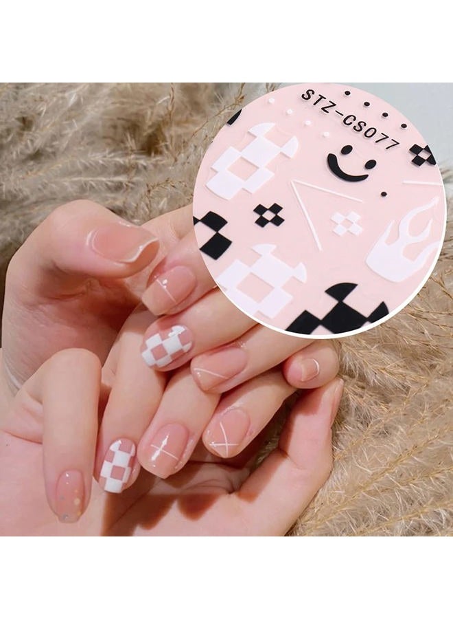 Macute Nail Art Stickers Decals, Self Adhesive Nail Stickers Nail Art Supplies Black White Nail Designs 3D Checkerboard Flame Star Moon Smile Line Nail Stickers for Acrylic Nails Women Manicure Decorations - Image 3