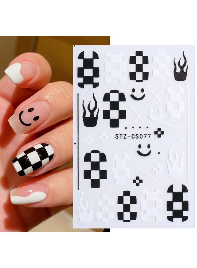 Macute Nail Art Stickers Decals, Self Adhesive Nail Stickers Nail Art Supplies Black White Nail Designs 3D Checkerboard Flame Star Moon Smile Line Nail Stickers for Acrylic Nails Women Manicure Decorations - Image 5