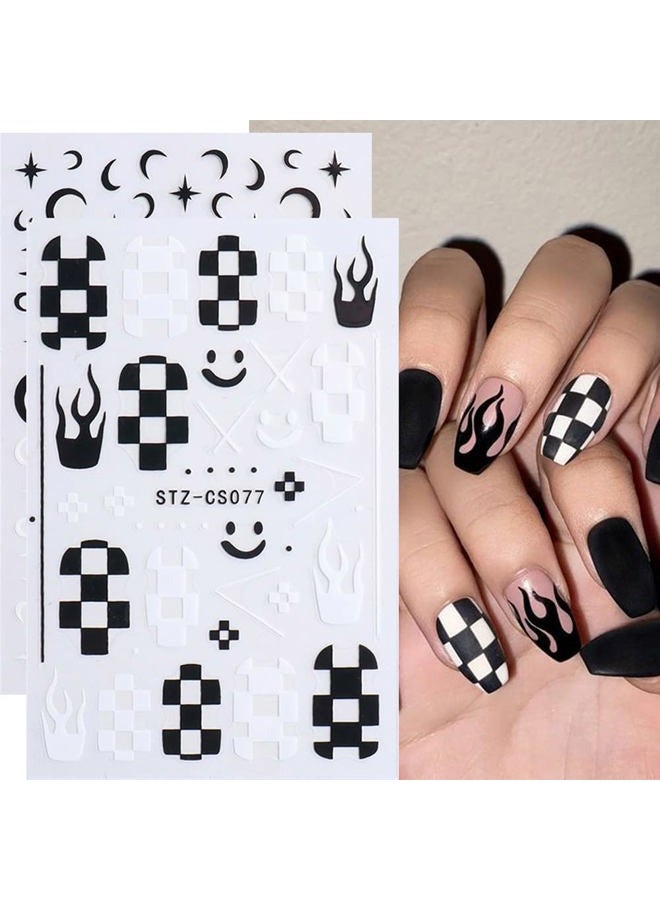 Macute Nail Art Stickers Decals, Self Adhesive Nail Stickers Nail Art Supplies Black White Nail Designs 3D Checkerboard Flame Star Moon Smile Line Nail Stickers for Acrylic Nails Women Manicure Decorations - Image 1