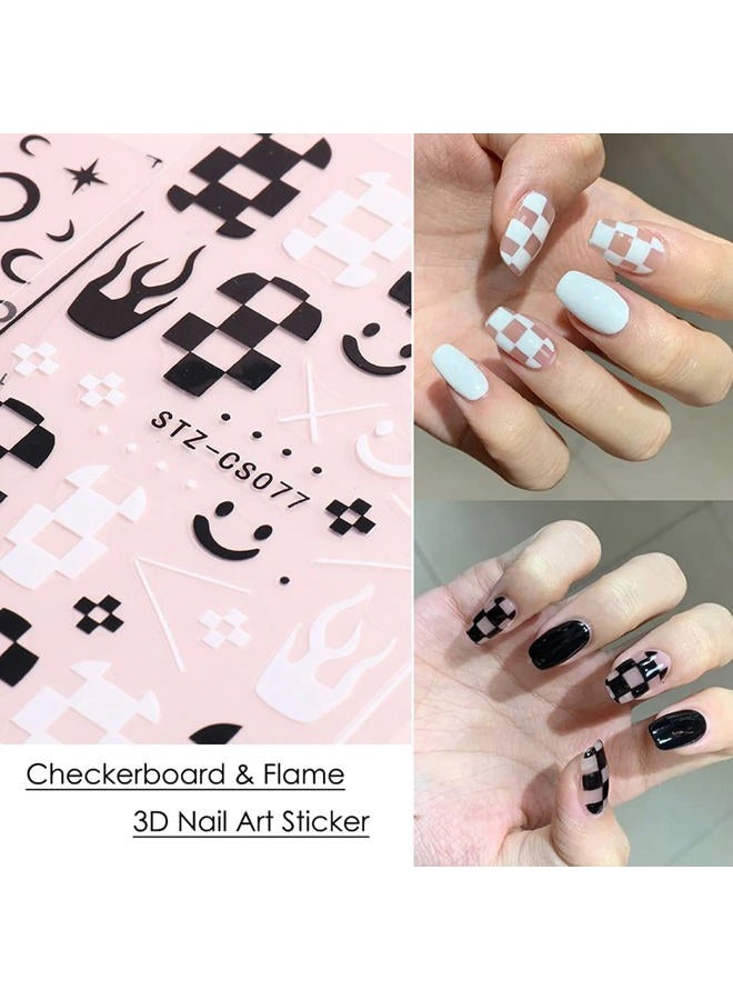 Macute Nail Art Stickers Decals, Self Adhesive Nail Stickers Nail Art Supplies Black White Nail Designs 3D Checkerboard Flame Star Moon Smile Line Nail Stickers for Acrylic Nails Women Manicure Decorations - Image 2