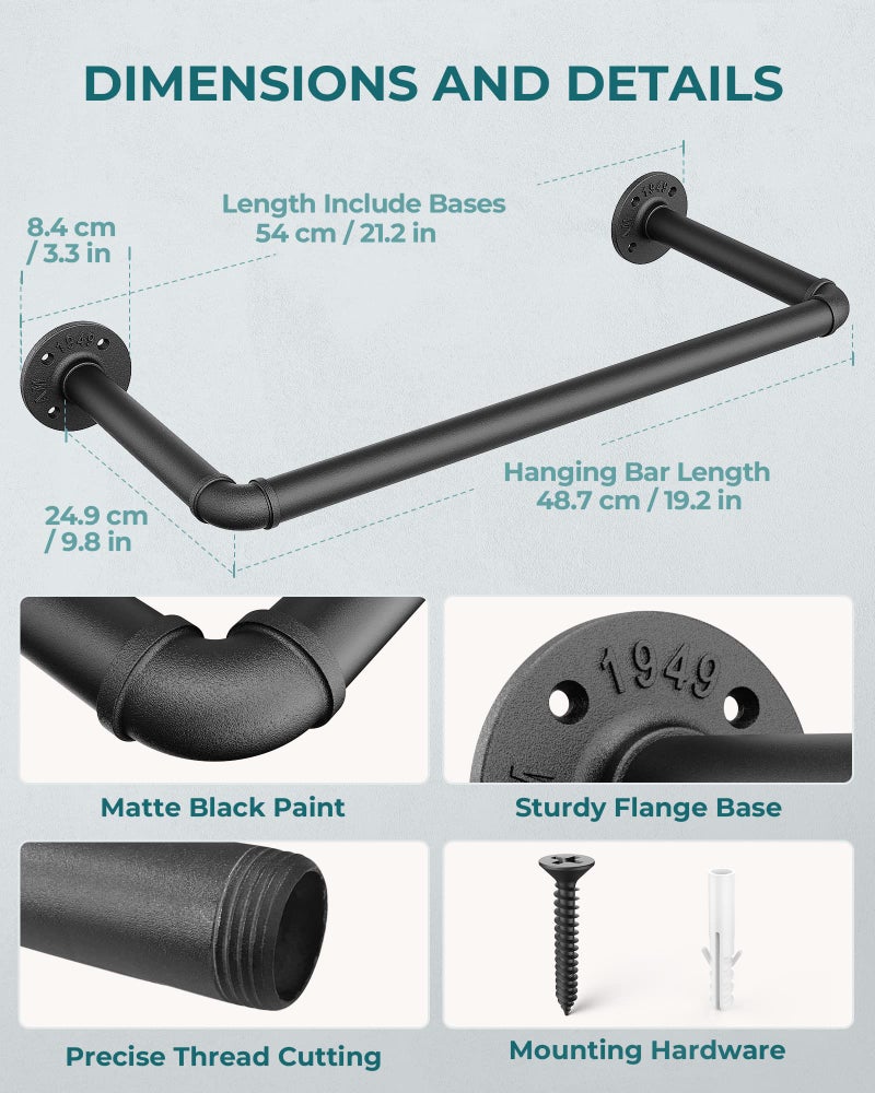 OROPY Industrial Pipe Clothes Rack 21.2” Set of 2, Heavy Duty Wall Mounted Black Iron Garment Bar, Multi-Purpose Clothing Hanging Rod for Laundry Room and Closet Storage - Image 4