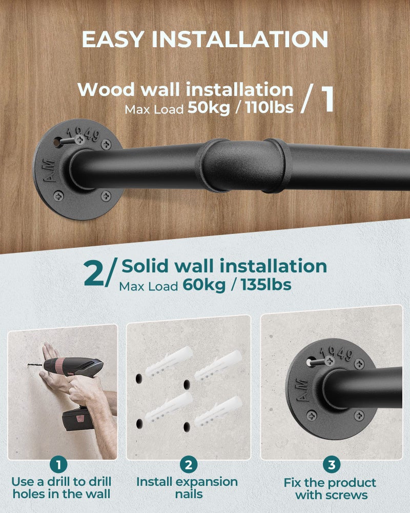 OROPY Industrial Pipe Clothes Rack 21.2” Set of 2, Heavy Duty Wall Mounted Black Iron Garment Bar, Multi-Purpose Clothing Hanging Rod for Laundry Room and Closet Storage - Image 5