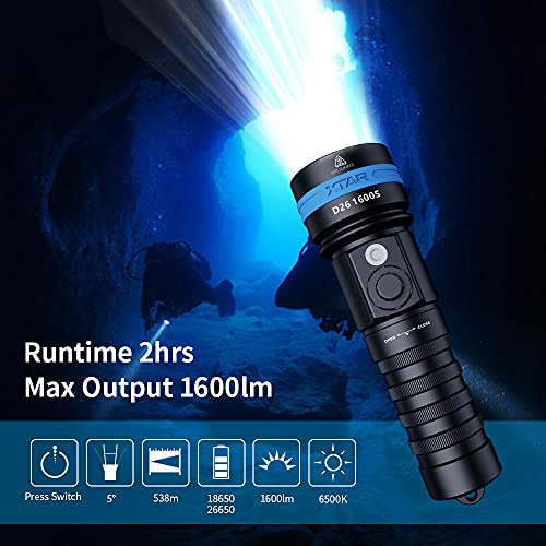 XTAR D26 1600 Lumen Scuba Diving Flashlight Dive Torch Underwater 100 Meters Submarine Lights for Under Water Deep Sea Cave at Night (Full Set) - Image 2