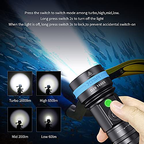 XTAR D26 1600 Lumen Scuba Diving Flashlight Dive Torch Underwater 100 Meters Submarine Lights for Under Water Deep Sea Cave at Night (Full Set) - Image 4