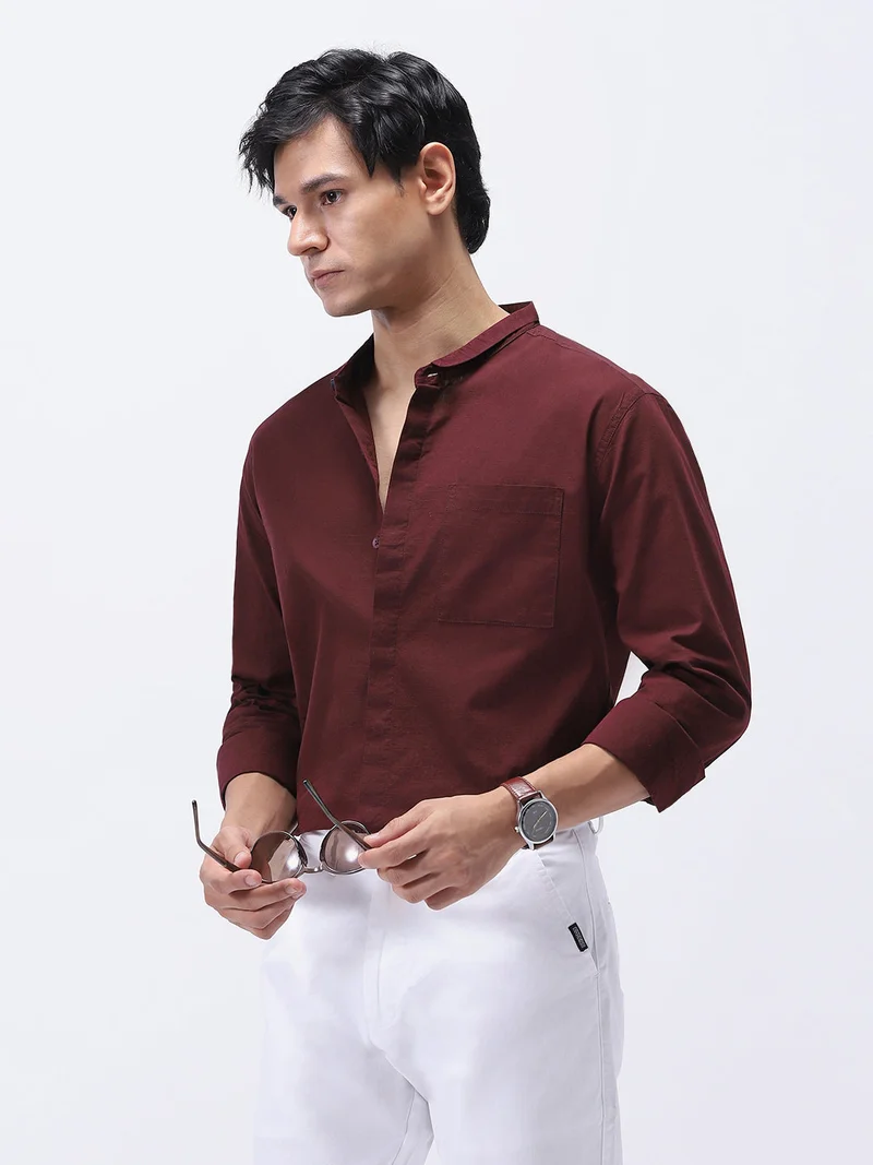 Urbano Fashion Men's Maroon Cotton Full Sleeve Regular Fit Casual Solid Shirt with Band Collar