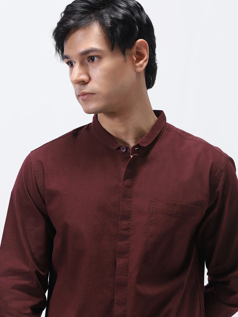 Urbano Fashion  Urbano Fashion Men's Maroon Cotton Full Sleeve Regular Fit Casual Solid Shirt with Band Collar  | Best Price UAE