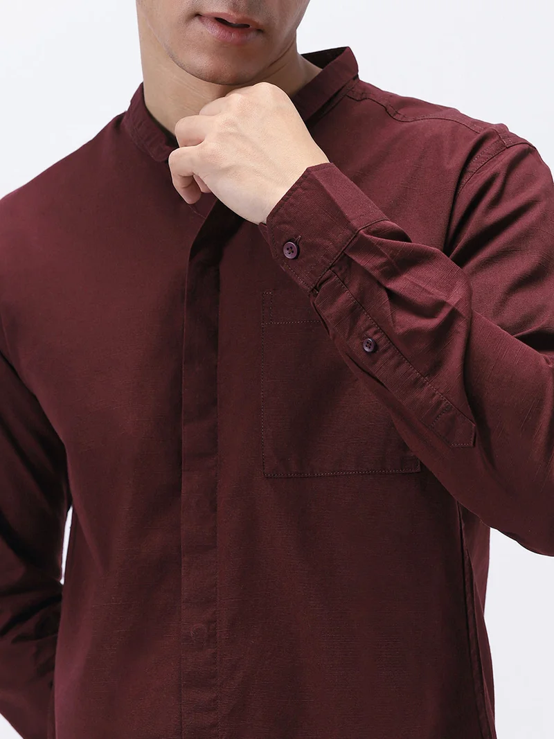 Urbano Fashion  Urbano Fashion Men's Maroon Cotton Full Sleeve Regular Fit Casual Solid Shirt with Band Collar  | Best Price UAE