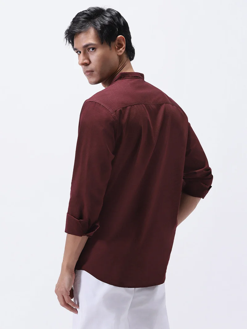 Urbano Fashion  Urbano Fashion Men's Maroon Cotton Full Sleeve Regular Fit Casual Solid Shirt with Band Collar  | Best Price UAE