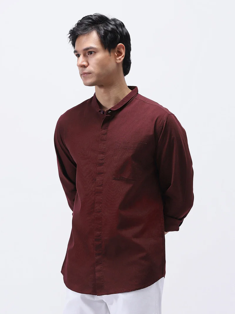 Urbano Fashion  Urbano Fashion Men's Maroon Cotton Full Sleeve Regular Fit Casual Solid Shirt with Band Collar  | Best Price UAE