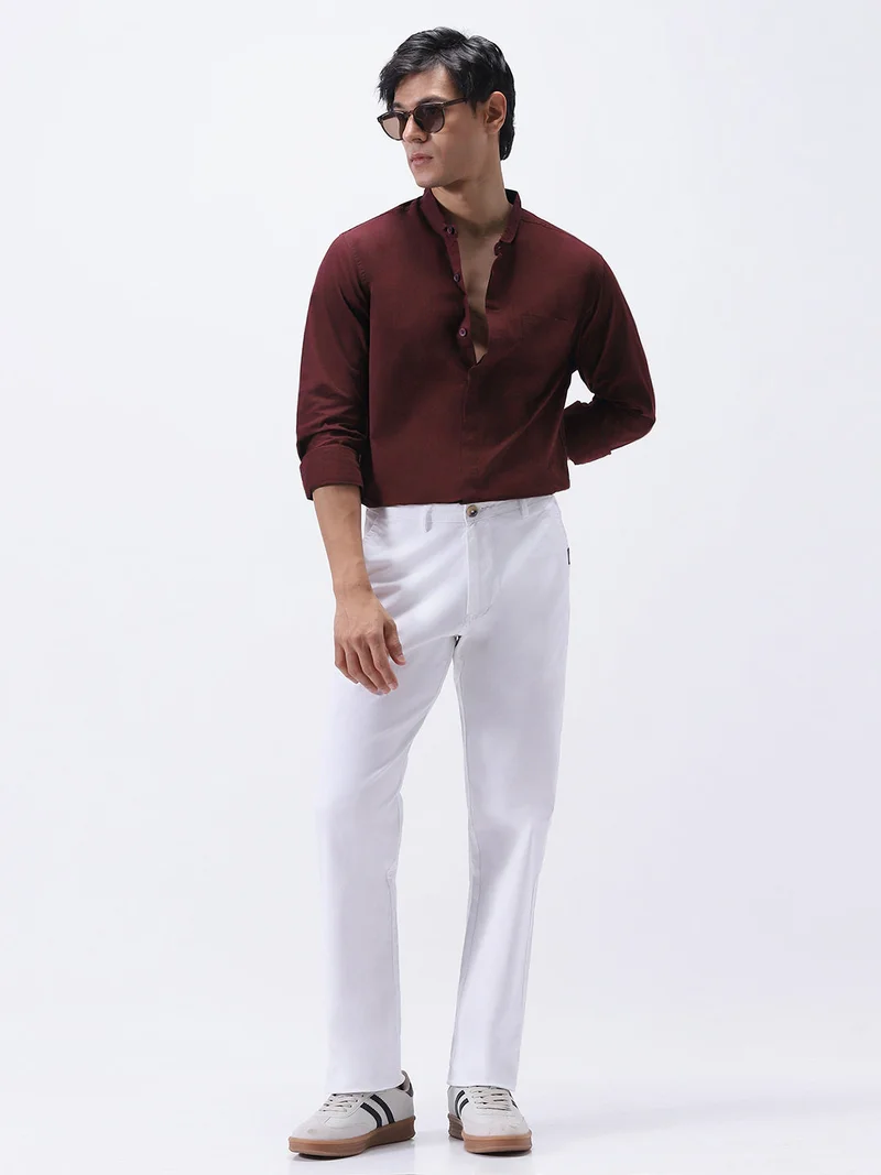Urbano Fashion  Urbano Fashion Men's Maroon Cotton Full Sleeve Regular Fit Casual Solid Shirt with Band Collar  | Best Price UAE