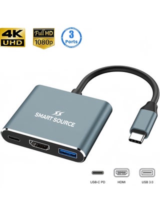 SMART SOURCE 3-in-1 USB-C Hub with 4K HDTV, USB 3.0 & 100W PD Charging – Aluminum Type-C Adapter for MacBook Pro/Air, Dell XPS, HP, Lenovo, Smartphones, & iPad Pro.