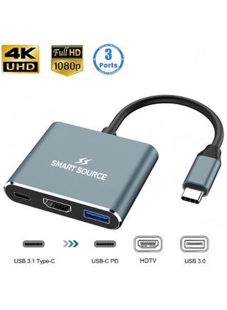 SMART SOURCE 3-in-1 USB-C Hub with 4K HDTV, USB 3.0 & 100W PD Charging – Aluminum Type-C Adapter for MacBook Pro/Air, Dell XPS, HP, Lenovo, Smartphones, & iPad Pro.