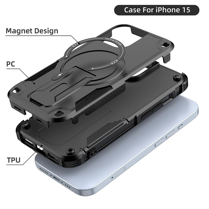 US LITE Back Cover for iPhone 15 with Portable Kickstand | Mag-Safe Compatible Magnetic Case | Shockproof Military Grade Protection | Extreme Protection Phone Cover – Black - Image 4