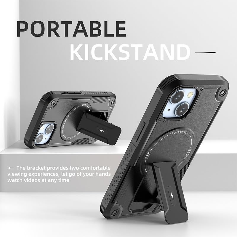 US LITE Back Cover for iPhone 15 with Portable Kickstand | Mag-Safe Compatible Magnetic Case | Shockproof Military Grade Protection | Extreme Protection Phone Cover – Black - Image 5