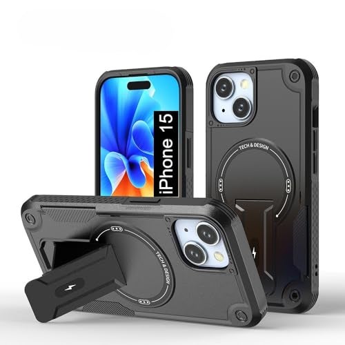 US LITE Back Cover for iPhone 15 with Portable Kickstand | Mag-Safe Compatible Magnetic Case | Shockproof Military Grade Protection | Extreme Protection Phone Cover – Black - Image 1