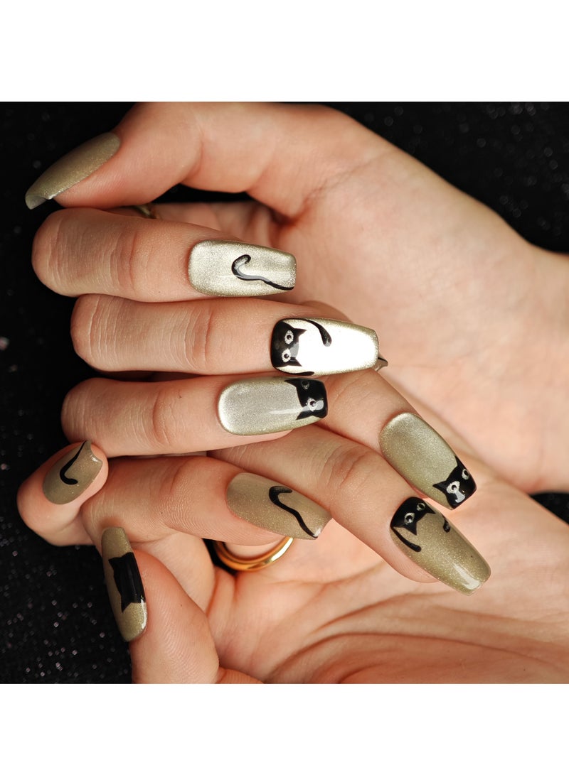 جوسكوين أظافر اصطناعية، أظافر مزيفة 10 قطع، أظافر مصنوعة يدويًا بالكامل مع مجموعة غراء، تصميم تابوت بلون بني مع نمط قطة سوداء، طرف تابوت، أظافر مزيفة مصنوعة يدويًا بشكل رائع، قابلة لإعادة الاستخدام للنساء. - Image 2
