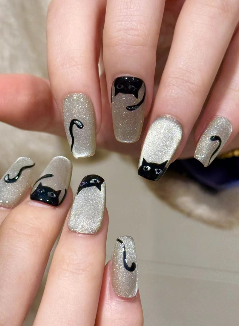 جوسكوين أظافر اصطناعية، أظافر مزيفة 10 قطع، أظافر مصنوعة يدويًا بالكامل مع مجموعة غراء، تصميم تابوت بلون بني مع نمط قطة سوداء، طرف تابوت، أظافر مزيفة مصنوعة يدويًا بشكل رائع، قابلة لإعادة الاستخدام للنساء. - Image 3