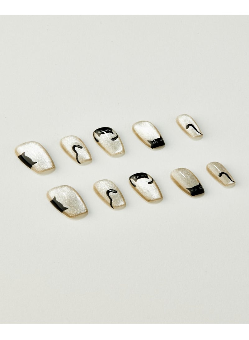 جوسكوين أظافر اصطناعية، أظافر مزيفة 10 قطع، أظافر مصنوعة يدويًا بالكامل مع مجموعة غراء، تصميم تابوت بلون بني مع نمط قطة سوداء، طرف تابوت، أظافر مزيفة مصنوعة يدويًا بشكل رائع، قابلة لإعادة الاستخدام للنساء. - Image 4