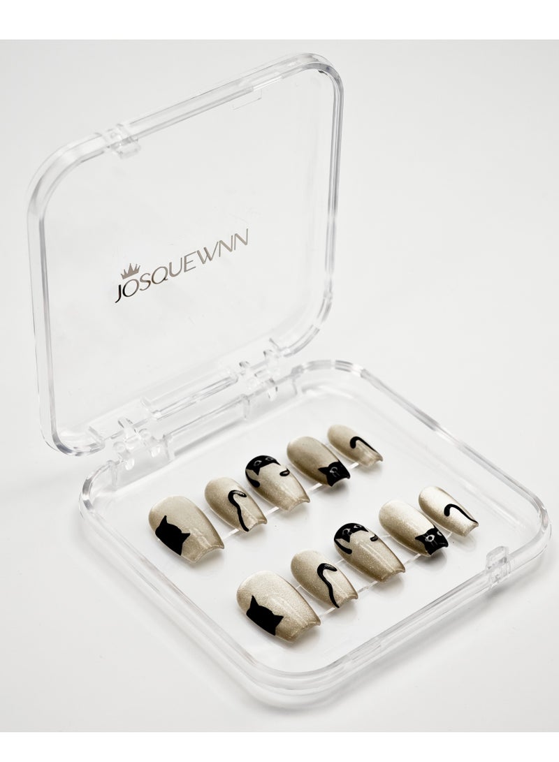 جوسكوين أظافر اصطناعية، أظافر مزيفة 10 قطع، أظافر مصنوعة يدويًا بالكامل مع مجموعة غراء، تصميم تابوت بلون بني مع نمط قطة سوداء، طرف تابوت، أظافر مزيفة مصنوعة يدويًا بشكل رائع، قابلة لإعادة الاستخدام للنساء. - Image 5