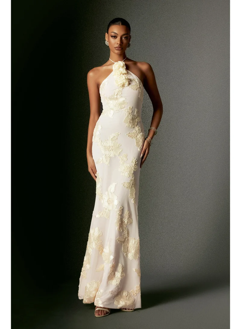 Griselda Flower Halter Embroidery Maxi Dress