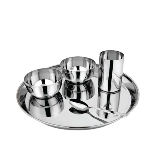 DiBha Stainless Steel Plain Dinner Set of 5-1 Dinner Plate (11 inch), 2 Bowl (150 ml), 1 Glass (250 ml) (Approx.), 1 Tea Spoon, 1 Set - Image 1
