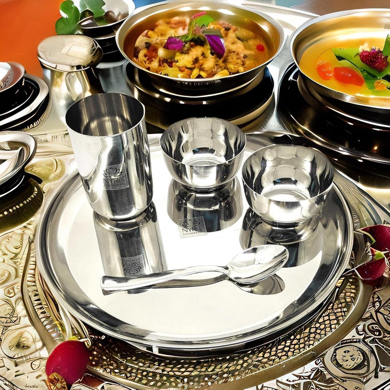 DiBha Stainless Steel Plain Dinner Set of 5-1 Dinner Plate (11 inch), 2 Bowl (150 ml), 1 Glass (250 ml) (Approx.), 1 Tea Spoon, 1 Set - Image 4