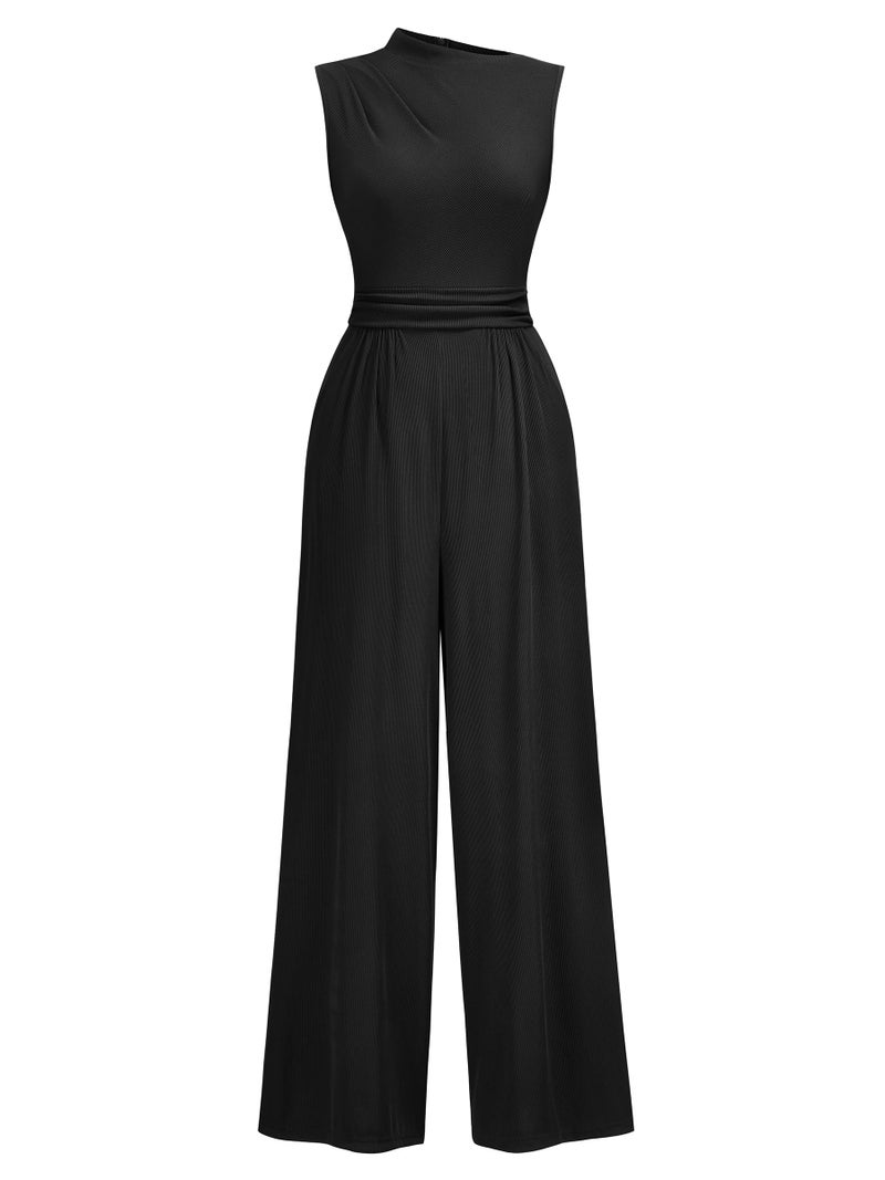 Miusol Women's Casual Sleeveless Mock Neck Ruched Wide Leg Jumpsuit Summer Formal Long Romper with Pockets (X-Large, Black) - Image 2