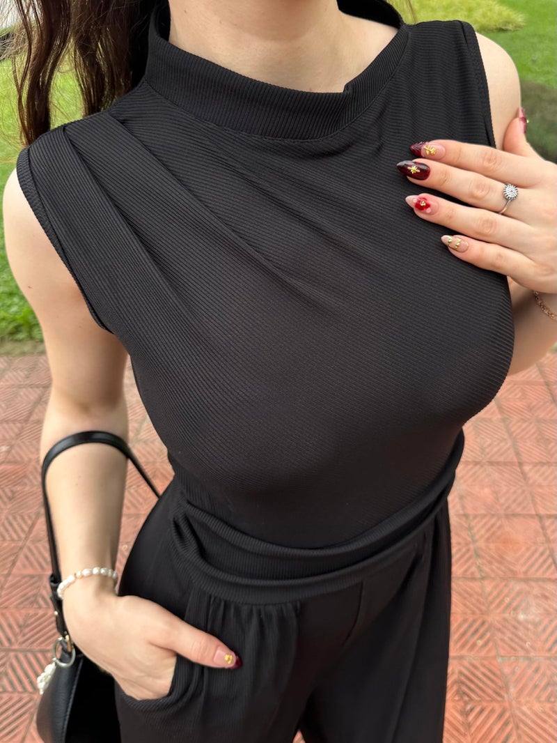 Miusol Women's Casual Sleeveless Mock Neck Ruched Wide Leg Jumpsuit Summer Formal Long Romper with Pockets (X-Large, Black) - Image 5