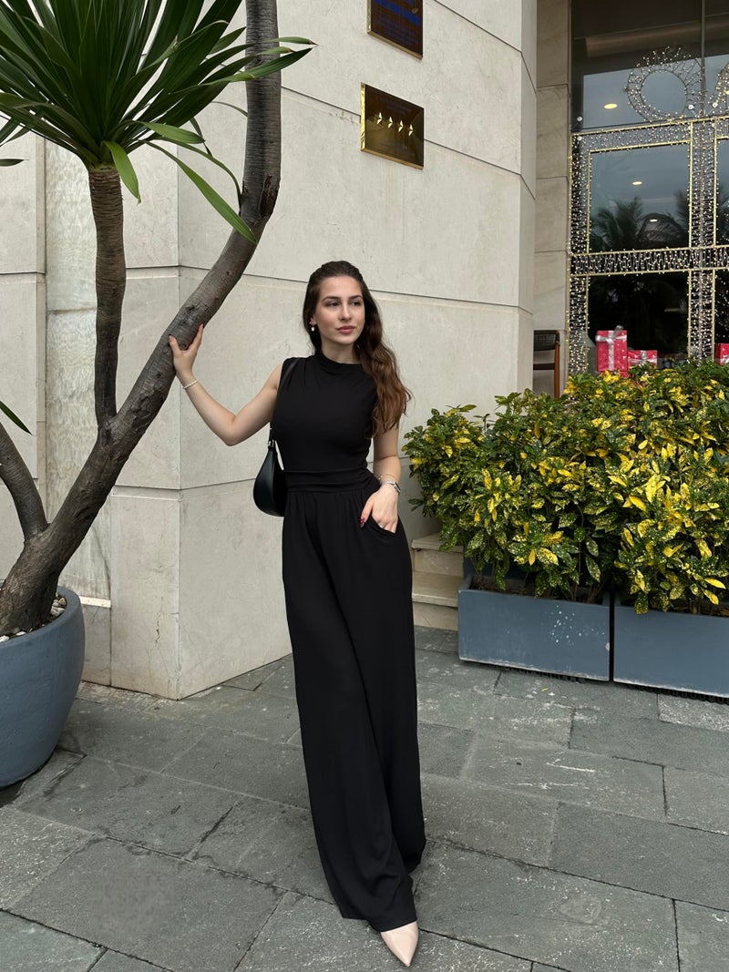 Miusol Women's Casual Sleeveless Mock Neck Ruched Wide Leg Jumpsuit Summer Formal Long Romper with Pockets (X-Large, Black) - Image 3